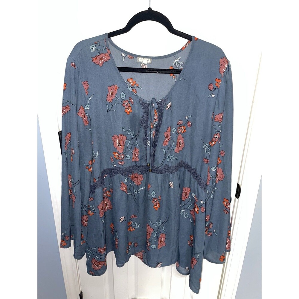 Eyeshadow Blue Gray Floral Babydoll Tunic Long Sleeve 3X VGUC